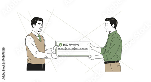 Two Businessmen Presenting Seed Funding Check Illustrating Financial Investment Agreement