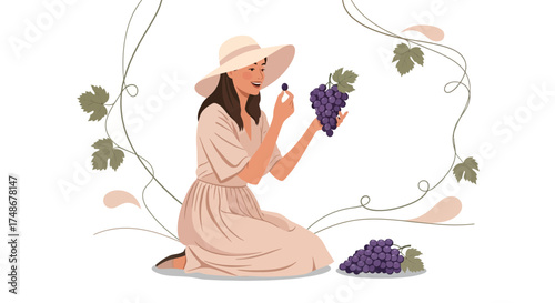 Vector illustration of a woman holding grapes on a white background in a minimalist style