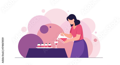 Vector illustration of a woman pouring wine into a glass with desserts and decorations