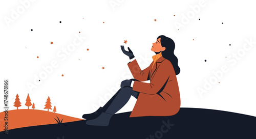 Vector illustration of a woman looking at a star during the night in a simple and elegant art style