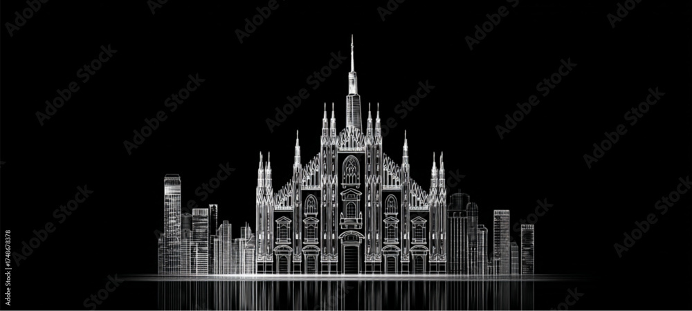Obraz premium Stylized digital illustration of a grand Gothic cathedral on black.