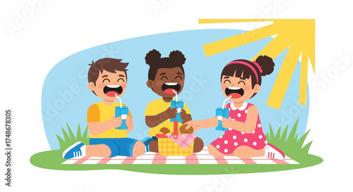 Vibrant Children Enjoying A Sunny Picnic, Drinking Sweet Beverages Together Outdoors