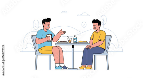 Two Happy People Enjoying Meal Outdoors Together, Discussing and Sharing Conversation