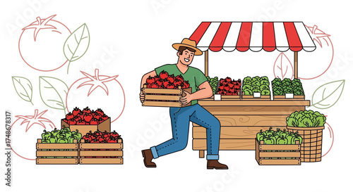 Vibrant Farmer With Produce in a Cart Showcasing Fresh Fruits and Vegetables for Sale