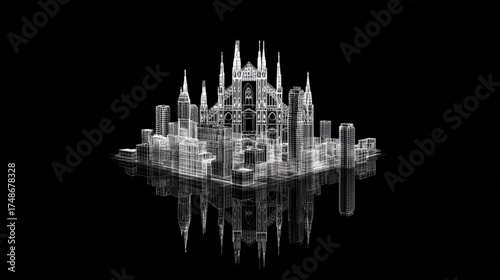 Intricate wireframe model of a futuristic fantasy city with reflection.