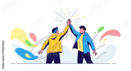 Two Individuals Celebrating Success with a High-Five and Festive Visual Effects