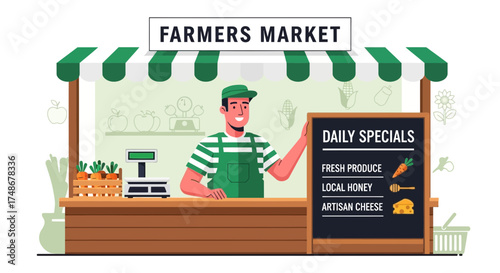 Vibrant Farmer's Market Stall Illustration with Friendly Vendor Presenting Daily Specials