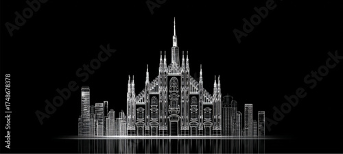 Stylized digital illustration of a grand Gothic cathedral on black.