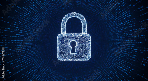 Quantum encryption visual with floating padlock made of light particles, holographic code background