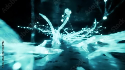 Ethereal Abstract Neural Network with Dynamic Glowing Connections, illustrating AI, Technology, and the intricate Flow of Digital Information in a Dark, Reflective Space.