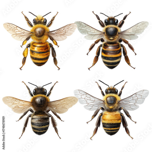 Set of four different bees isolated for entomology study.