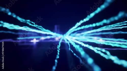 Dynamic Digital Data Flow radiates across a futuristic blue abstract network, symbolizing speed, global internet connections, and advanced technology.