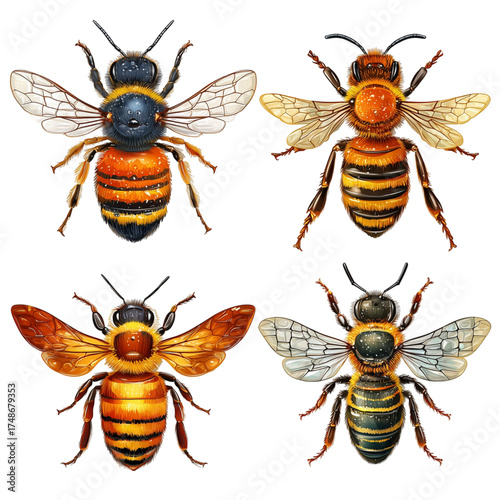 A collection of four different bee species illustrated in watercolor.