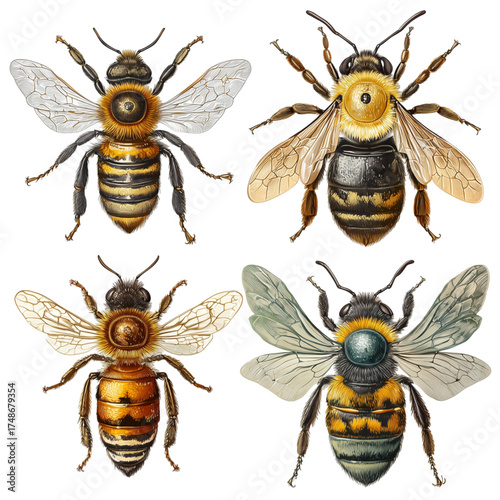 A collection of four detailed vintage bee illustrations.