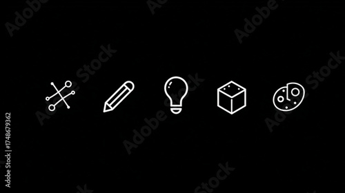 Creative process and design thinking line icon set.