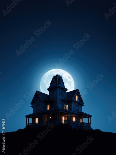 Victorian house under full moon at night. Haunted architecture silhouette with glowing windows and mysterious cinematic atmosphere