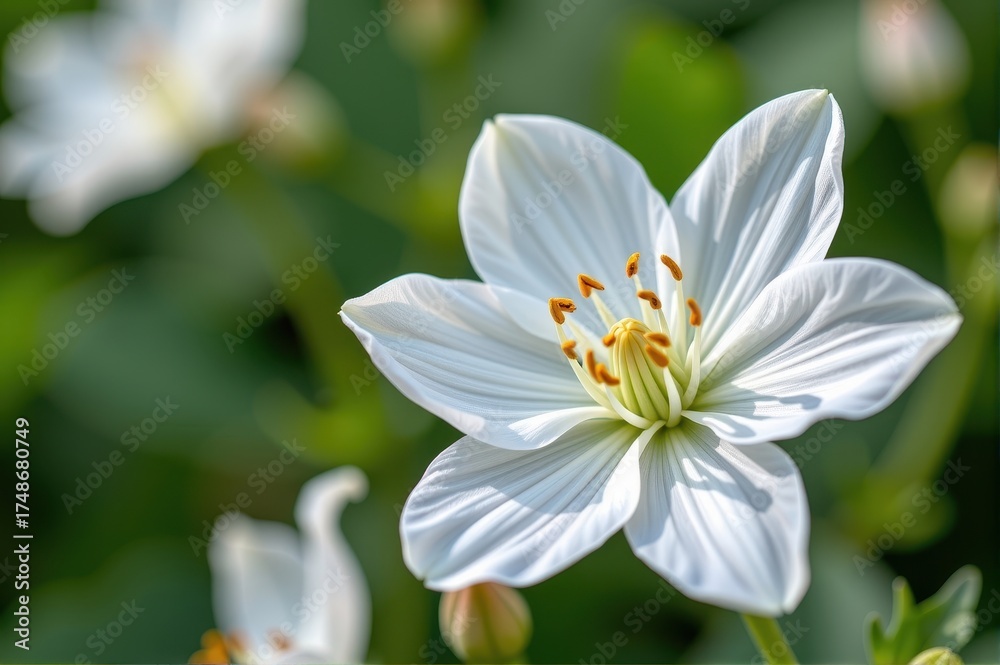 Obraz premium Delicate white flower in full bloom, petals unfurling against a soft green background, showcasing its pristine beauty, botany, flower photography, beauty