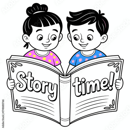 Story Time Illustration – Cute Kids Reading Book Together Cartoon Vector for Education and Learning Concept.