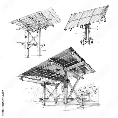 Architectural blueprint sketches of solar panel mounting structures.