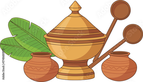 Traditional Indian Pongal cooking utensils and elements including a brass pot, earthen pots, banana leaves, and serving spoons. Festive symbols for harvest celebrations.