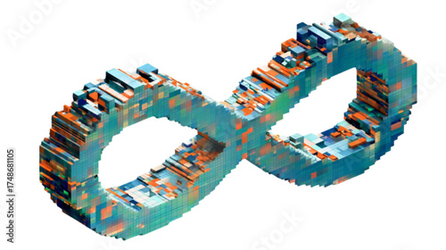 Abstract three dimensional infinity symbol made of colorful blocks.
