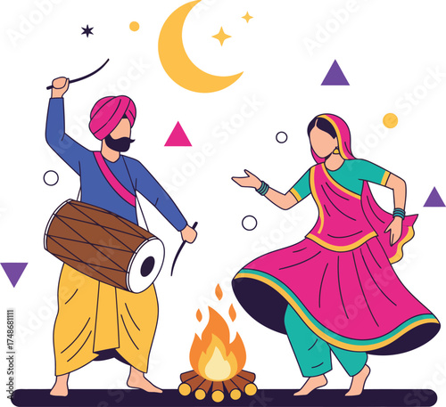 Happy Lohri festival celebration with a traditional Punjabi couple dancing. A Sikh man in a turban plays the dhol drum as a woman dances Gidda by a bonfire.