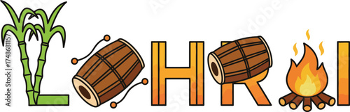 Creative Lohri festival typography with text forming symbols of the celebration. A Punjabi holiday greeting design with a bonfire, dhol drums, and sugarcane icons.