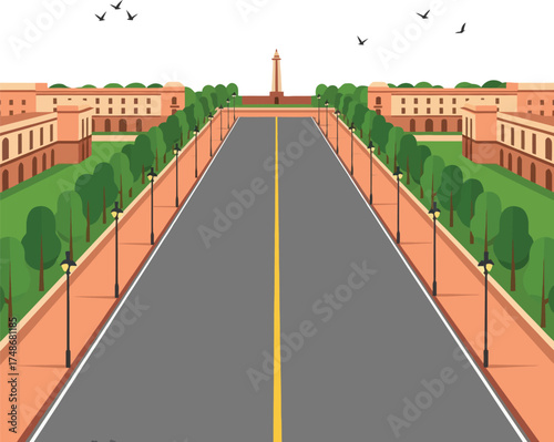 An empty scene of Kartavya Path, formerly Rajpath, in New Delhi, India. A famous landmark and government avenue leading to Rashtrapati Bhavan for national events.