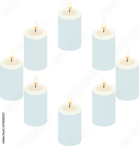 A circle of eight lit white pillar candles for the Jewish holiday of Hanukkah. An isometric symbol for a spiritual vigil, memorial, remembrance, and religious prayer.