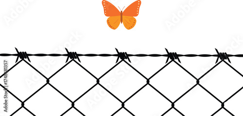 A butterfly flying over a barbed wire fence as a symbol of freedom, hope, and escape from prison. A concept of liberation, immigration, and breaking boundaries.