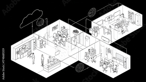 Isometric line art of a modern office layout and network infrastructure.