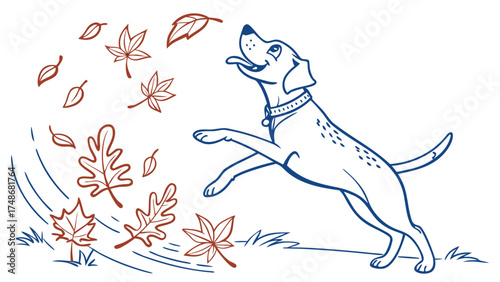 Dog Playing with Leaves in Autumn, Vector Illustration, Cheerful Outdoor Scene, Fun Environment, Dynamic Viewpoint