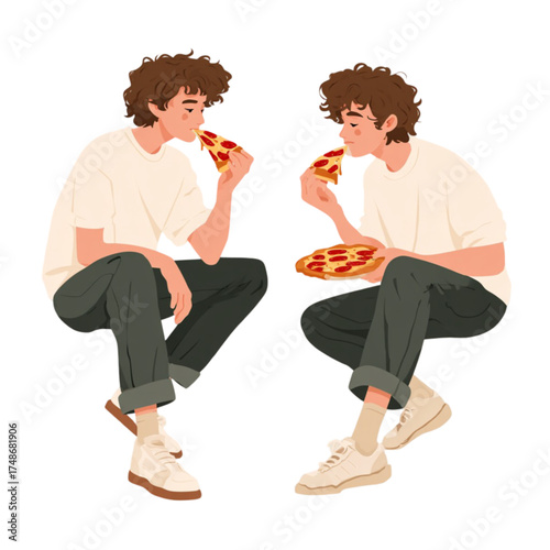 Two young men with curly hair sitting and eating pizza slices.