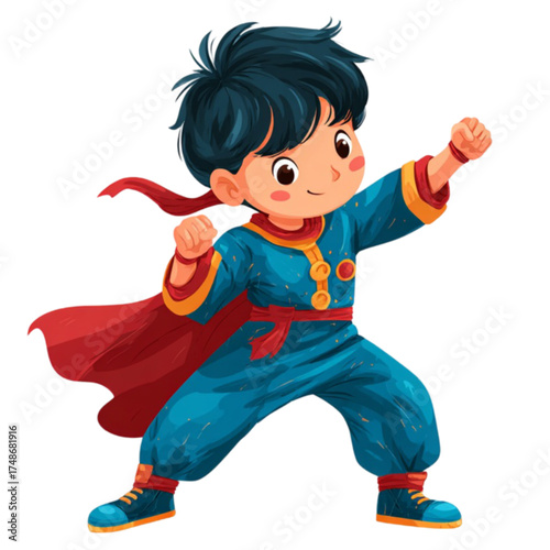 Cute cartoon boy in a blue superhero costume with a flowing red cape.