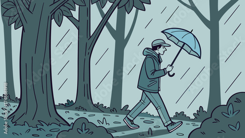 Person with Umbrella Walking in Lush Forest Environment, Vector Illustration, Calm Atmosphere