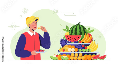 Vibrant Illustration of a Person Enjoying a Variety of Delicious Fresh Fruits.