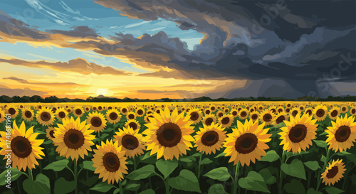 Vast sunflower field under a dramatic sky, contrasting golden sunset with ominous storm clouds, vibrant nature landscape illustration, impending weather.