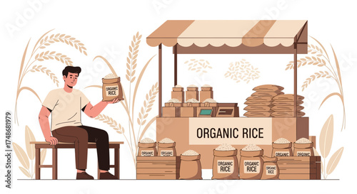 Vibrant Organic Rice Market Stall Illustration Showing Farmer And Healthy Grain Display