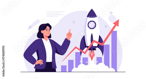 Visionary Leader Observing Rocket Launch and Upward Bar Graph for Business Growth Success