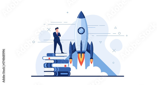 Visionary Leader Standing On Books Watching Rocket Launching Towards The Cosmos