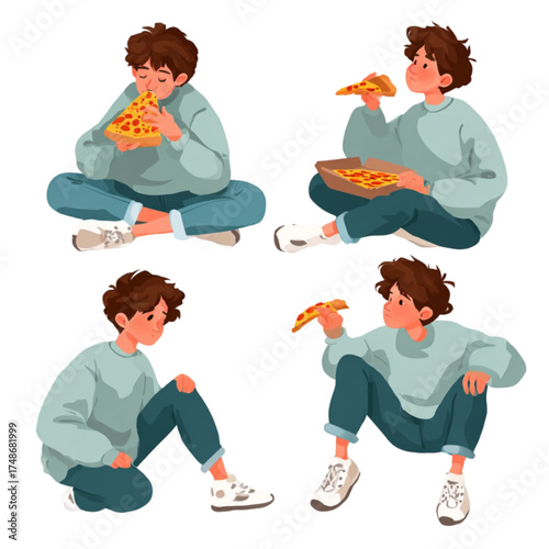 Set of illustrations of a young man in casual clothes eating pizza.