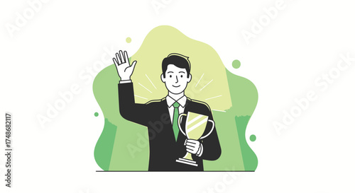 Victorious Business Leader Holding Trophy and Waving, Celebrating Success with Enthusiasm