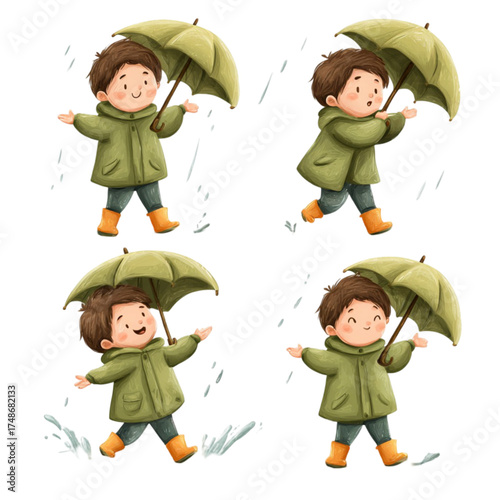Set of cute cartoon boy illustrations holding an umbrella in the rain.