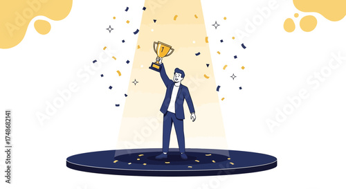 Victorious Business Person Celebrating Success with a Trophy on a Stage of Victory