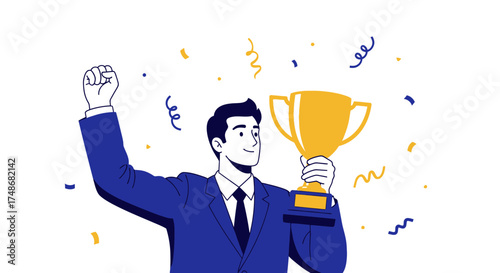 Victorious Business Man Celebrates Success Holding Trophy with Confetti Floating in Air