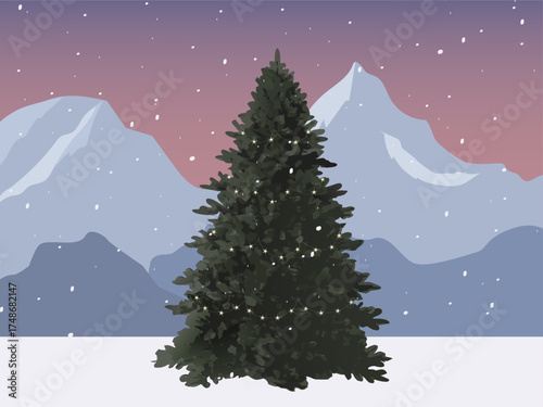 Snowy Mountain Christmas Tree Landscape Vector
