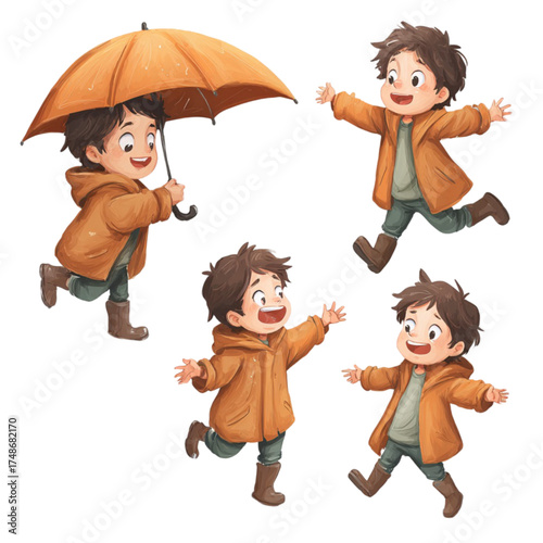 Adorable illustrated boy character set in autumn rain clothes.