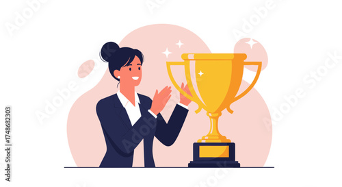 Victorious Businesswoman Applauding Her Achievement and Celebrating Success with Golden Trophy