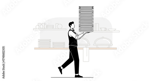 Waiter Balancing Stacked Dishes on Tray Amidst Restaurant Interior Illustration