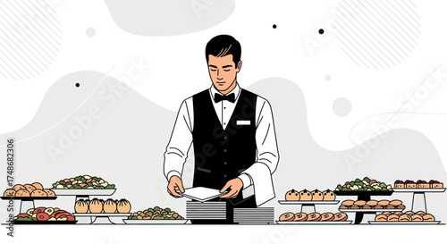 Waiter at a buffet setting up plates with a selection of food for the guests
